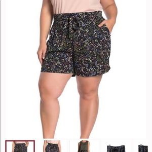 1X DR.2 brand black floral dress shorts with built in front belt